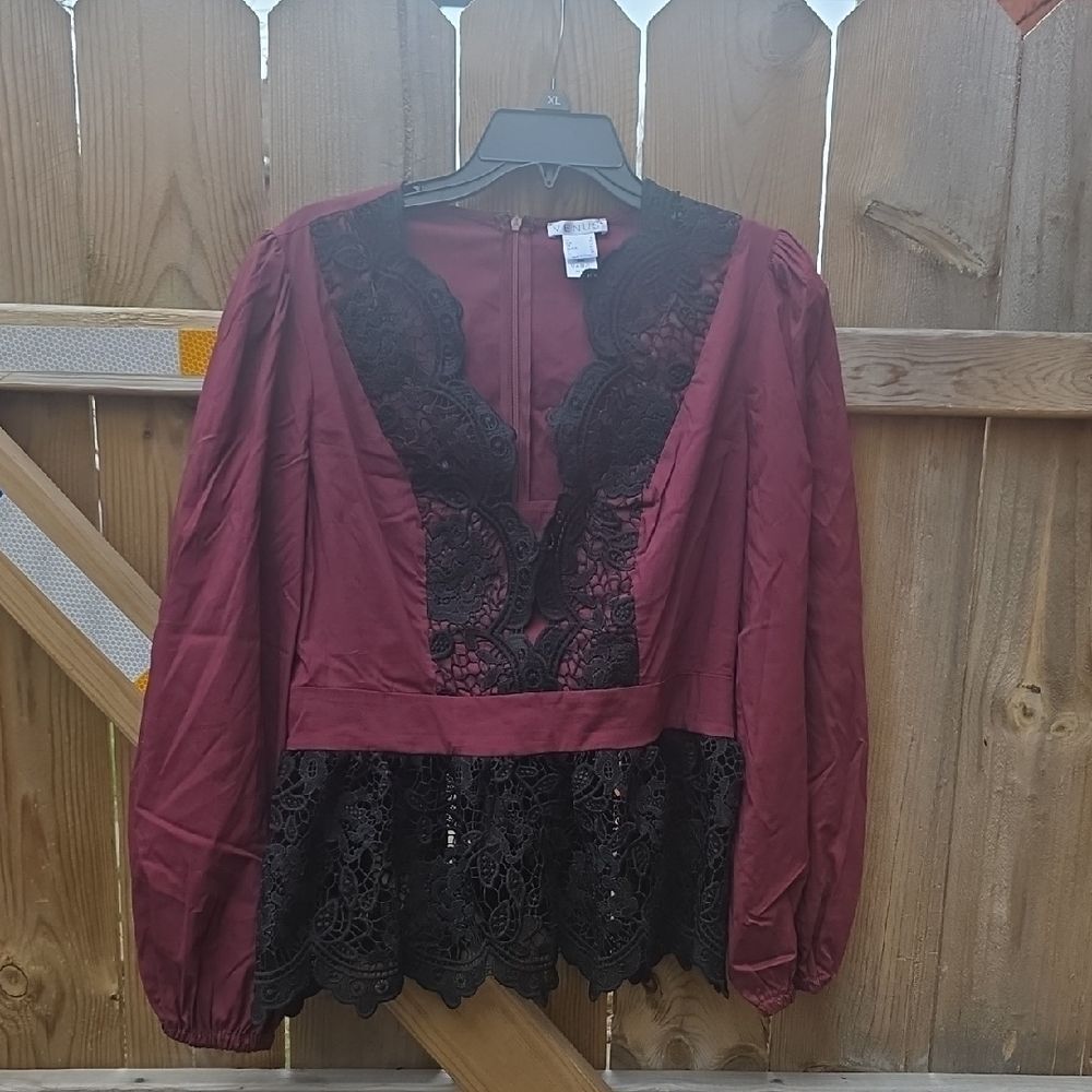 VENUS Burgundy Blouse with Black Lace Insets